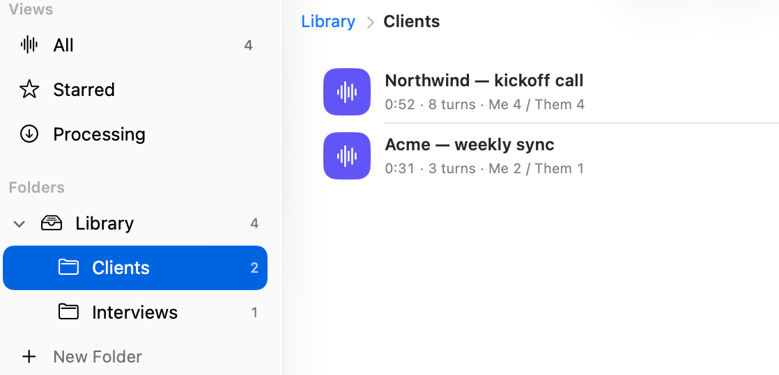 The Clients folder selected in the sidebar, with the two sessions filed inside it listed to the right